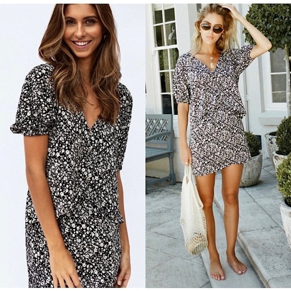 SABO 90s Daisy Floral‎ Short Sleeve Faux 2 Piece Cutout Front Mini Dress XS